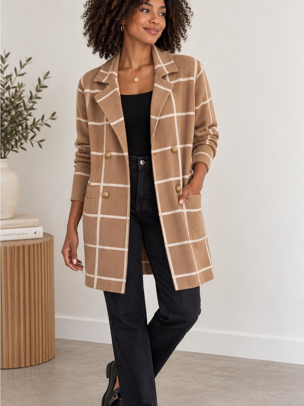 Anne Klein Camel Windowpane Plaid Knit Blazer Cardigan M